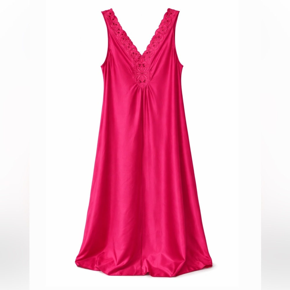 Vintage Vanity Fair Made In USA Fuchsia Lace Chemise Satin Nightgown